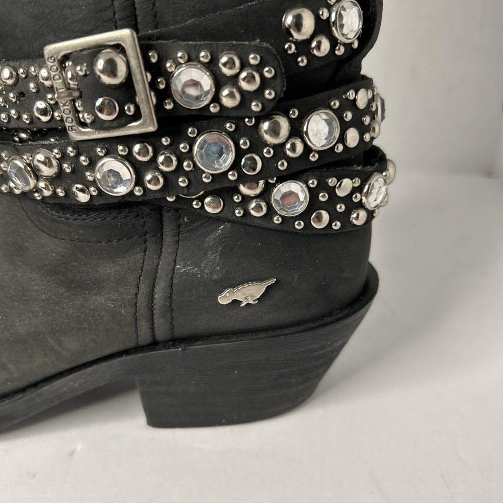 Sz 8 - ROCKET DOG Black Leather Silver Studded Rhinestone Buckle Biker Boots - Picture 2 of 15